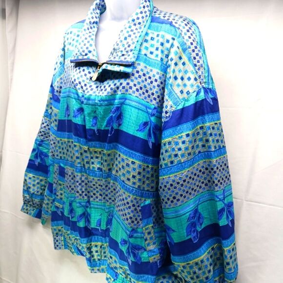 Fuda International Geo- Floral Silk Bomber/ Jacket. Women's 3X. Blue/ Green - Picture 4 of 14